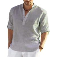Padola-Camiseta de lino para hombre, camisa holgada de manga larga, lisa, ajuste Regular, transpirable, informal, Henley, Verano - details 8