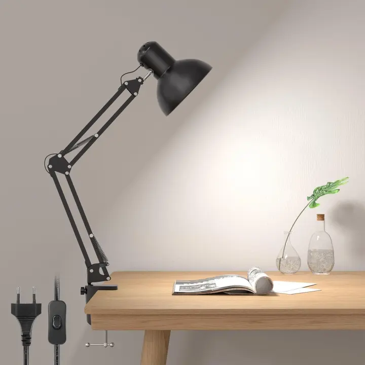 Escritorio LED Industrial con Abrazadera Ajustable, Flexo LED Escritorio Metal Vintage 40W, Lámpara de Mesa de Noche para Cabecera, Estudio, Bombilla E27 No Incluida, Negro - 1
