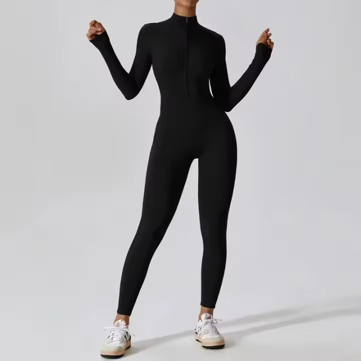 Patrón sólido seco rápido medio del cierre largo de la manga del mono de la yoga de nylon para las mujeres - 1
