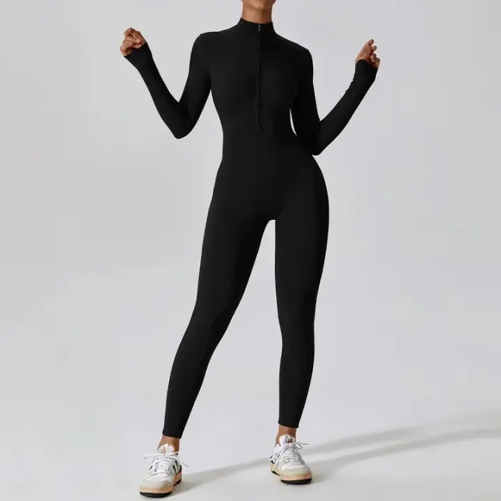 Patrón sólido seco rápido medio del cierre largo de la manga del mono de la yoga de nylon para las mujeres - 1