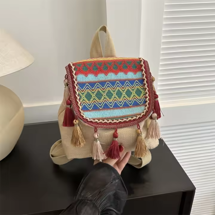 Mochila de estilo étnico con borlas, bolso escolar pequeño de lona, ​​bolso de hombro con borlas, bolso escolar bordado de estilo coreano de gran capacidad - 1