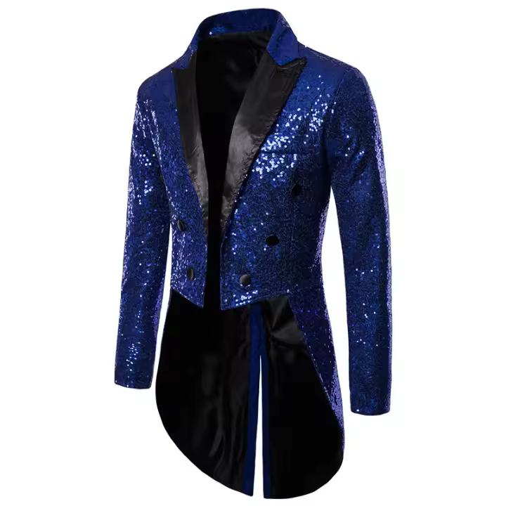 Chaqueta de esmoquin con lentejuelas para hombre, abrigo ajustado con cola - 1