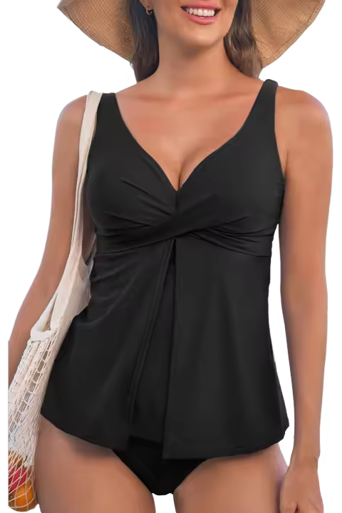 Elrachen Top tankini babydoll con tirantes ajustables y cuello en V cruzado para mujer, negro, tallas S-2XL - 1