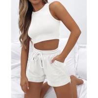 Conjunto de dos piezas de verano para mujer, chaleco sin mangas de color sólido con textura gofre y pantalones cortos casuales de moda. - details 16
