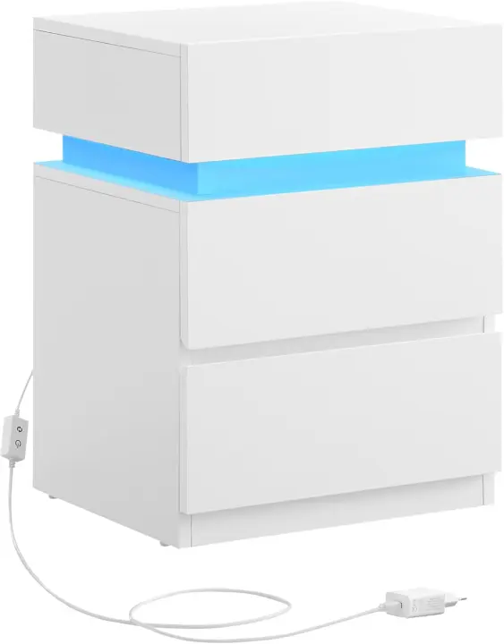 Mesita de Noche con Tira de Luz LED Multicolor Variable, 3 Cajones, Mesa Auxiliar, Estilo Moderno, 35 x 40 x 55 cm, Blanco Nube LET630T10 - 1