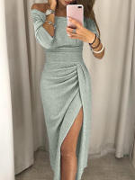 BUNO-Vestido de moda informal para mujer, vestido largo de fiesta de noche ajustado de manga larga con hombros descubiertos para mujer Vestidos de tubo divididos asimétricos - details 11