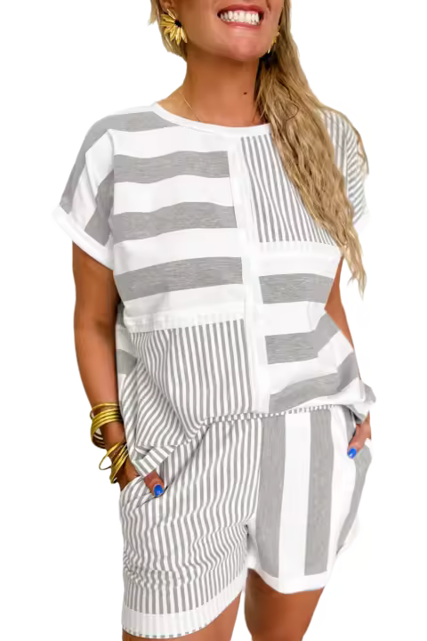 Elrachen Conjunto de dos piezas de manga corta a rayas con bolsillos para mujer, rayas grises, tallas S-XL - 1