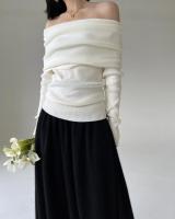 Otoño Invierno fuera del hombro mujeres suéteres elegante Vintage tejido sólido jersey alto elástico Top suave Chic jerseys 2025 - details 2