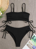 Bikini negro liso para mujer, traje de baño de dos piezas con Tanga de cintura alta y ribetes, 2024 - details 11