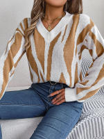 Jersey con cuello en V para mujer, suéter de manga larga con patrón geométrico de contraste, hilo de rosca, Tops informales de punto, otoño e invierno, 2023 - details 12