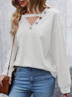 Suéteres con botones ahuecados y cuello en V para mujer, Jersey de punto, Top de Color sólido, suelto, informal, combina con todo, otoño - details 7