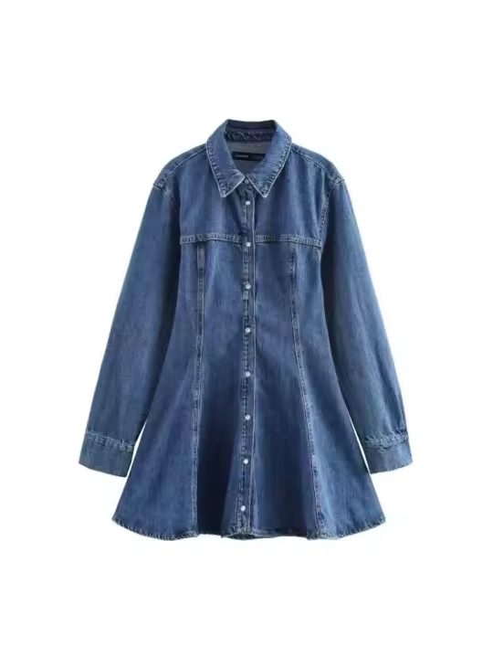 OUWU- Vestido de mezclilla acampanado Primavera 2025, Manga larga, Cuello vuelto, Corte relajado, Uso diario, Estilo callejero informal, Transpirable - 1