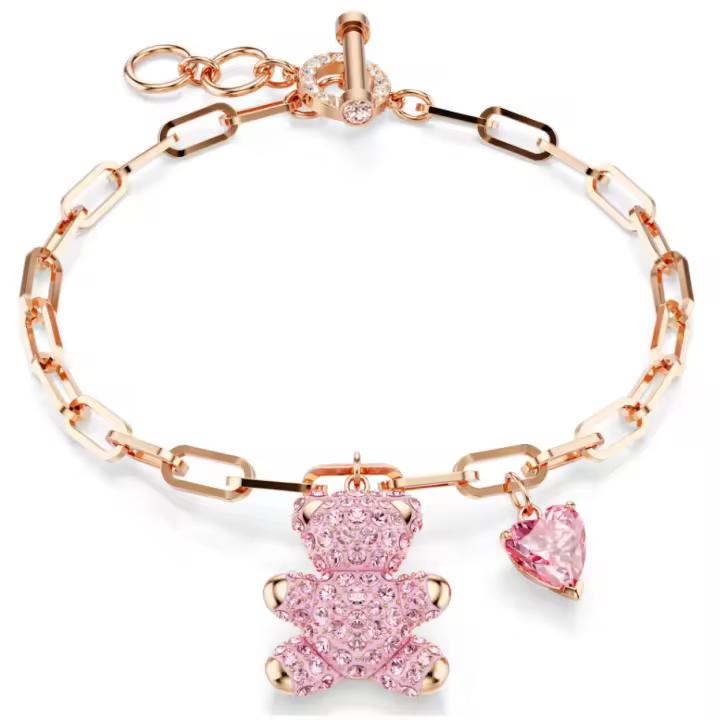 Pulsera with Je de Oso Rosa Chapada en Rose Gold, Corazón de Cristal Plisado, pulsera de Esnabones CZ, Gift de joyería ajustable para Mujer 16-18cm - 1