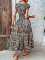 Vestido largo bohemio con cuello en V para mujer con vestido de péndulo con estampado floral en la cintura - details 2
