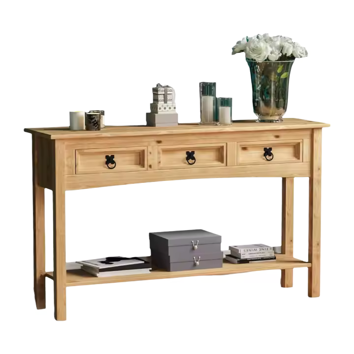 Mesa consola de pino macizo encerado con estante de madera de pino - 1