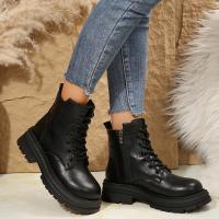 Botas de moto de cuero Pu para mujer, botas de tobillo cálidas con cordones de felpa, tacón plano beige negro, botas de algodón antideslizantes, invierno - details 4