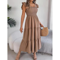 Elegante vestido largo de verano para mujer en color liso con escote cuadrado y aros decorativos, sin mangas, corte ajustado. - details 31