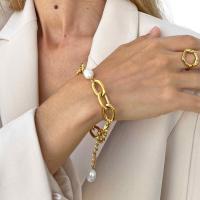 GOLDENCAT Cadena de Perlas de Acero de Eslabón Grande con Perlas, Pulsera para Mujer, Longitud Extendida de 24.5 cm, Acero Inoxidable, 14k - details 0