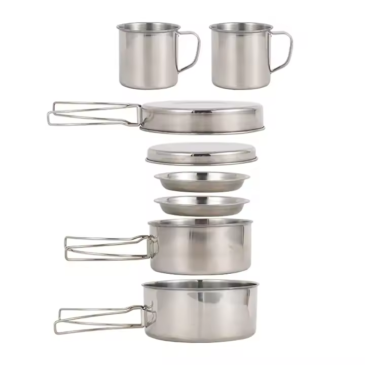 8 Unids/set utensilios de cocina para camping, kit de herramientas desordenado, ollas, tazones y sartenes de acero inoxidable con platos, mochilas, - 1