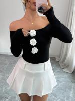 Nueva camiseta de mujer de manga larga con flores en 3D, sin tirantes, de un solo cuello, ajustada - details 6