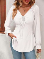 Blusa acampanada de manga larga con cuello en V para mujer, camiseta Sexy con cordón en la cintura, Tops elegantes para primavera y otoño, 2023 - details 8