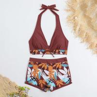 Bikini abierto con estampado de hojas retro en talla grande, conjunto de traje de baño de dos piezas con correas estables para mujer - details 39