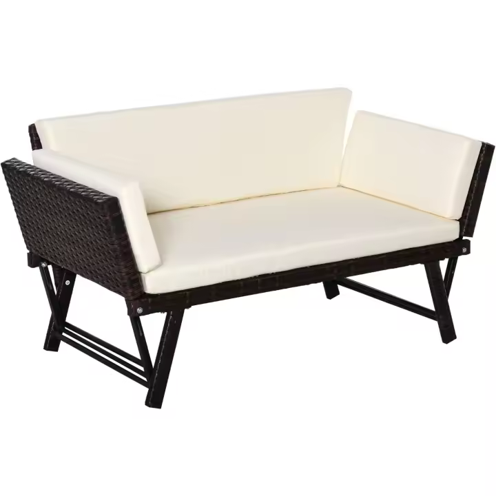 Sofá de Ratán de 2 Plazas Convertible en Cama Individual con Reposabrazos Abatibles y Cojines Acolchados Sofá Doble para Exterior Jardín Patio Terraza 129x63x67 cm Beige - 1