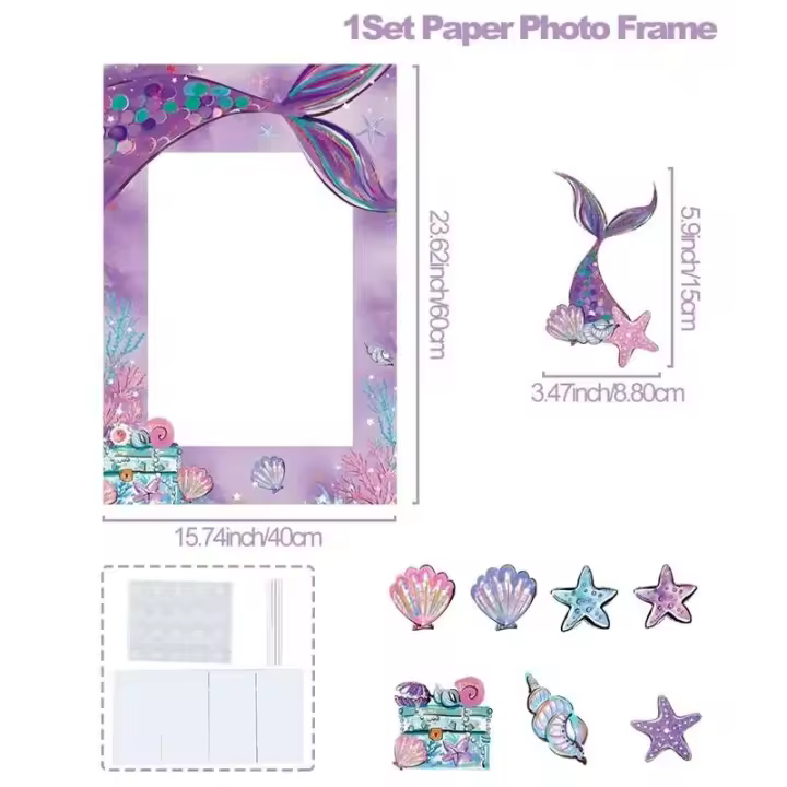 Pequeño marco de papel temático bajo el mar, suministros para fotografías de feliz cumpleaños, accesorios de decoración para fiesta de sirena - 1