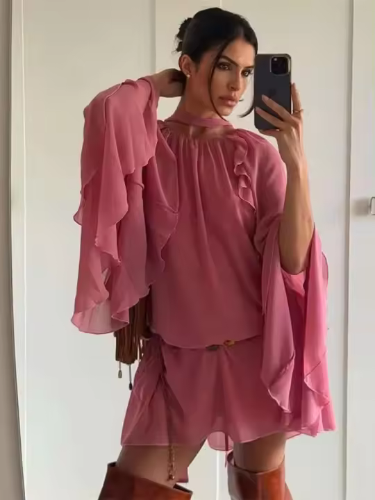 Vestidos elegantes lisos de encaje con múltiples unces, vestidos elegantes holgados con cuello de pico, batas de manga larga para mujer nueva, vestido de vacaciones para ir al trabajo de verano 2025 - 1