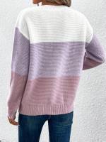 Elegant Three-color Patchwork Sweater Women Daily Commuter Casual Loose Jumpers Female Autumn Winter Knitted Thickened Warm Tops - details 5