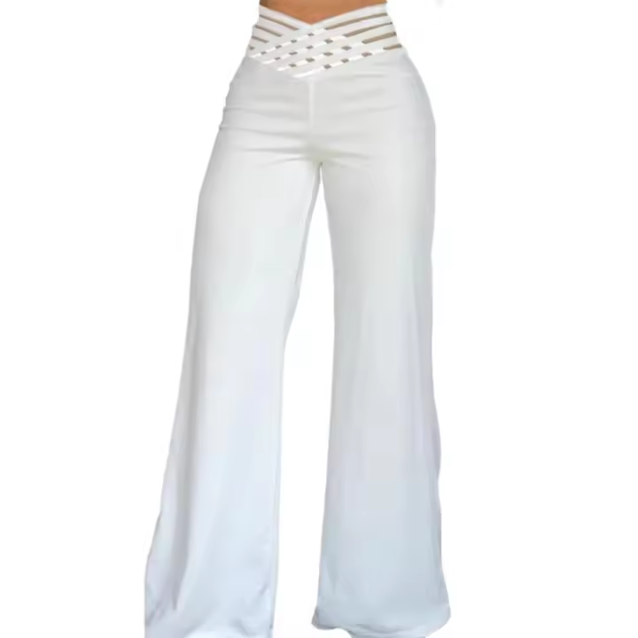 Pantalones elegantes de cintura alta y pierna ancha para mujer, informales de oficina, malla transparente con cruces, ropa de mujer. - 1