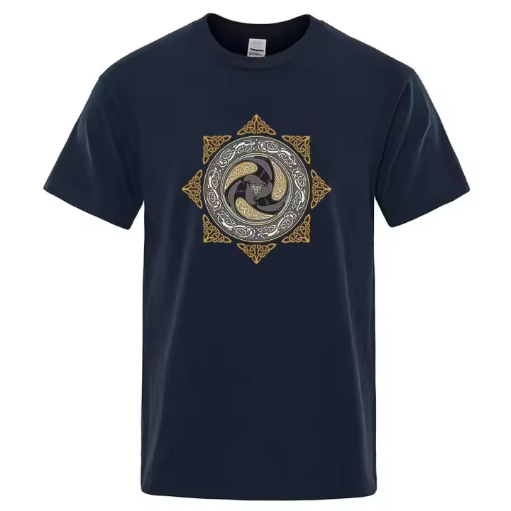 Camiseta casual de manga corta de algodón con estampado vikingo retro básico para hombre Top de verano - 1