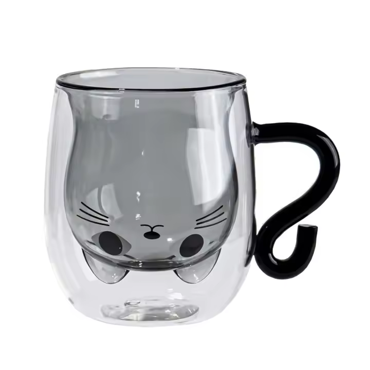 Tazas y platillos para gato, Taza de cerámica de doble pared con asa, regalo para amantes de los gatos Kawaii (250-300ml) - 1