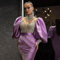 Vestido de mujer con manga de princesa, largo envuelto en el trasero, con cola y vestido de noche con dijes de salpicaduras doradas - details 3