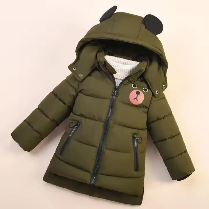 Winter New Baby Boys Jacket Solid Color Cartoon Bear Pattern Thicken Keep Warm Hooded Outwear For 1-6Y Kids Down Cotton Overcoat - 1