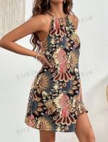 Vestidos bohemios de verano para mujer, vestido Vintage con estampado integral y cuello Halter, Vestidos de vacaciones con temperamento colgante sin mangas - details 5