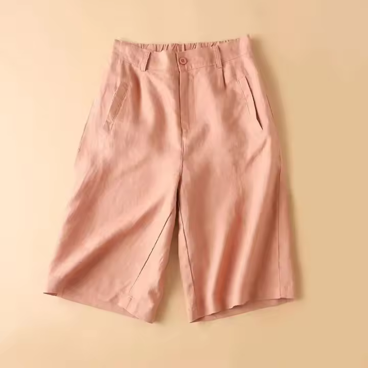Pantalones cortos de lino de verano para mujer, pantalones cortos blancos informales con cintura elástica, pantalones cortos lisos básicos sueltos de pierna ancha de algodón y lino para mujer, pantalones cortos de cintura alta - 1