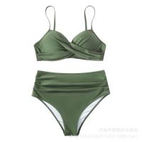 Nuevo Bikini dividido de color sólido con tiras cruzadas, traje de baño de cintura alta, sexy - details 15