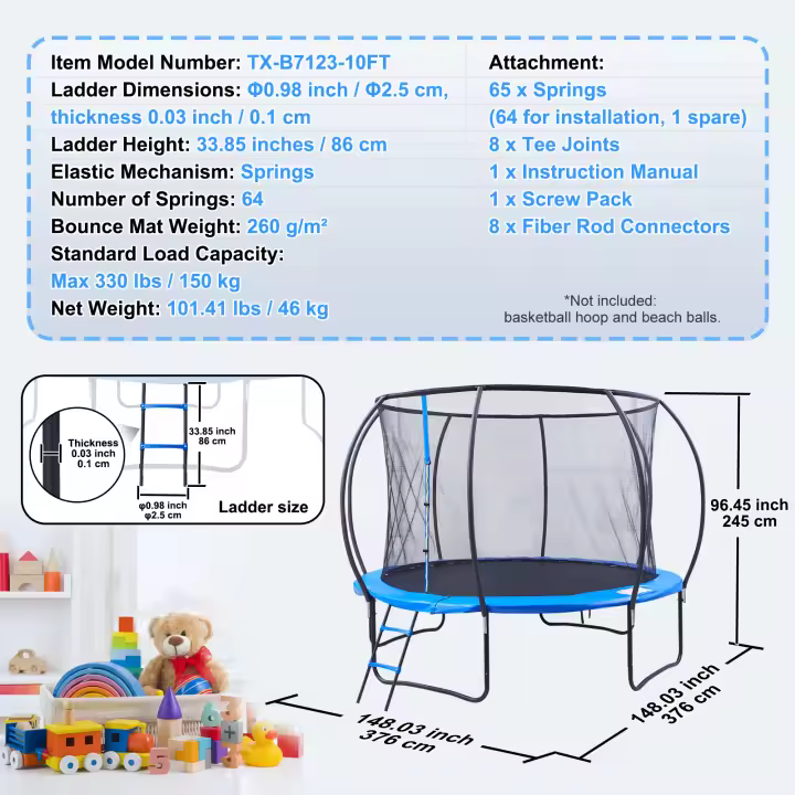 Trampolín SucceBuy, con red de recinto, escalera y poste curvo. Resistente con estera para saltar y acolchado de cubierta de resorte. Recreación al aire libre para niños y adultos - 1