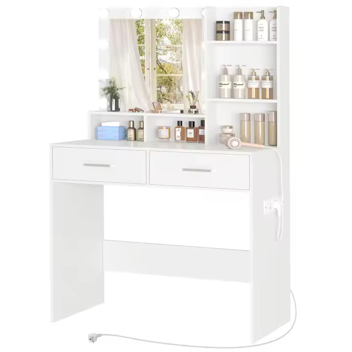 Tocador 80cm con Iluminación LED, Regalo de Navidad, Tocador con Espejo, Tocador con 2 Cajones y 2 Estantes, Estilo Contemporáneo, Tocador para Dormitorio, Blanco - 1