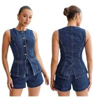 Traje corto informal de dos piezas para mujer, traje de cuello redondo sin mangas, botonadura única, Color sólido, moda de verano, traje de mujer Y2K - details 3