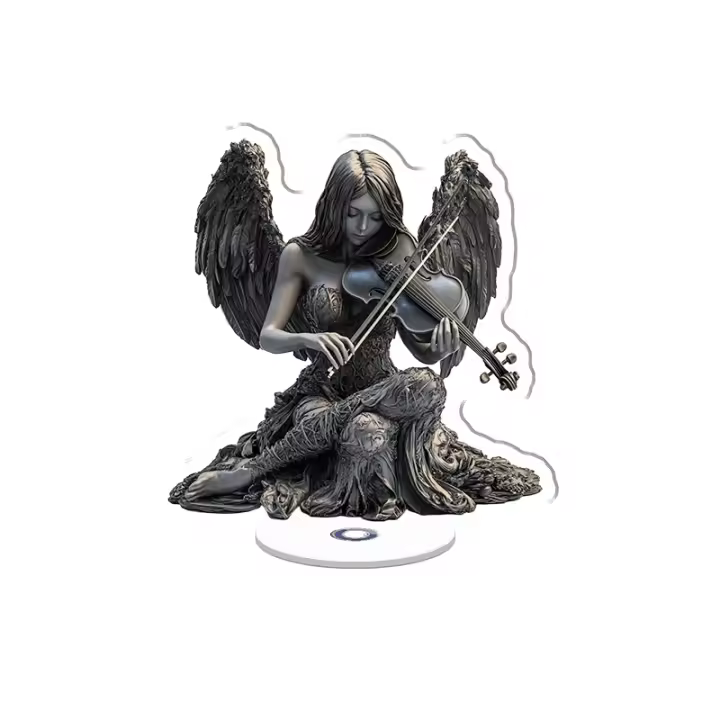 Escultura acrílica giratoria de un ángel de sombra con alas negras como el hollín tocando un violín que absorbe el vacío sobre un fondo blanco brillante - 1
