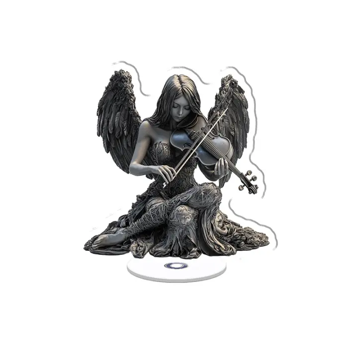 Escultura acrílica giratoria de un ángel de sombra con alas negras como el hollín tocando un violín que absorbe el vacío sobre un fondo blanco brillante - 1