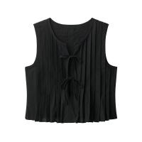 PB&ZA2025 verano nuevo top de mujer con cuello redondo sin mangas plisado con lazo casual versátil suelto simple. - details 3