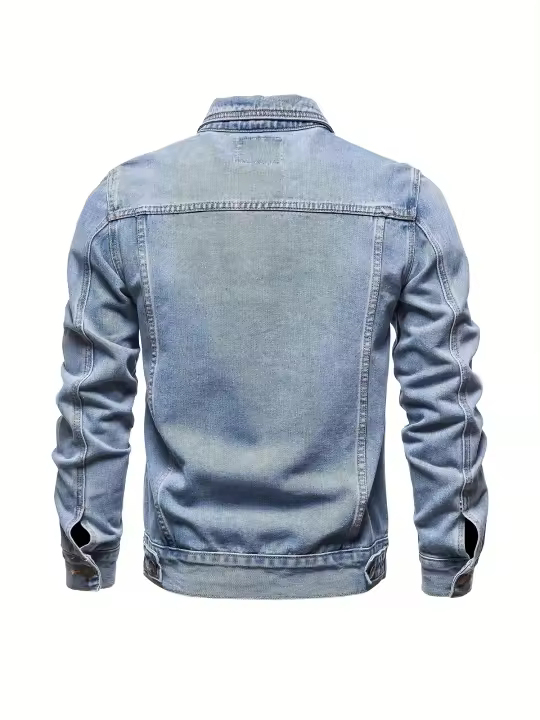 Chaqueta vaquera desgastada informal para hombre, abrigo con solapa de estilo callejero con múltiples bolsillos - 1