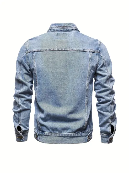 Chaqueta vaquera desgastada informal para hombre, abrigo con solapa de estilo callejero con múltiples bolsillos - 1