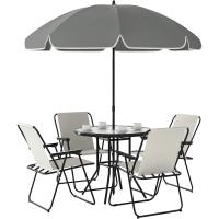 6 Piezas Muebles de Jardín Exterior con 4 Sillas Plegables Mesa de Vidrio y Sombrilla para Terraza Patio Crema - details 0