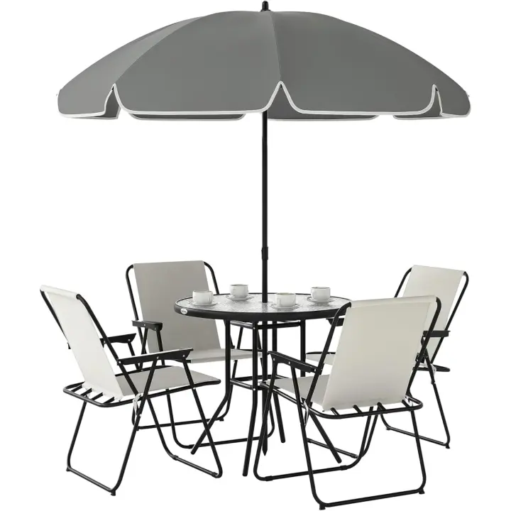 6 Piezas Muebles de Jardín Exterior con 4 Sillas Plegables Mesa de Vidrio y Sombrilla para Terraza Patio Crema - 1