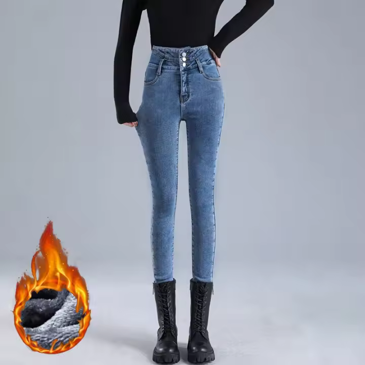 Vaqueros de cintura alta de invierno Pan de mezclilla Elaic cálido con forro - 1