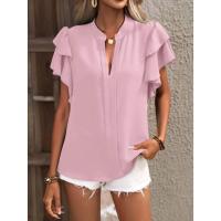Jersey Elegante De Color Rojo Rosa Para Mujer, Blusa Informal Con Cuello En V Y Mangas Con Volantes De Doble Capa, Top De Color Sólido - details 10